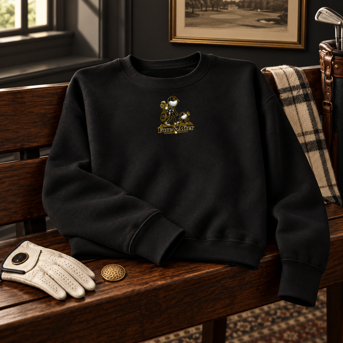 Fore & After sweatshirt in black — three-quarter clubhouse product view