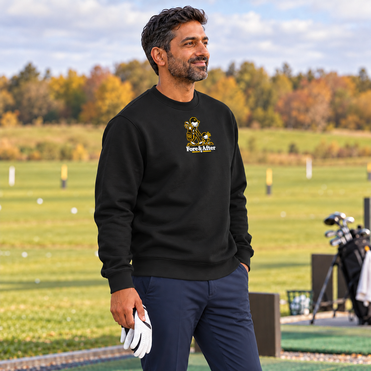 The Fore & After Sweatshirt in black — side golf lifestyle view