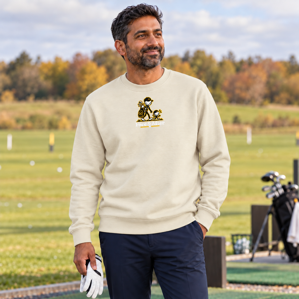 The Fore & After Sweatshirt in bone — front golf lifestyle view
