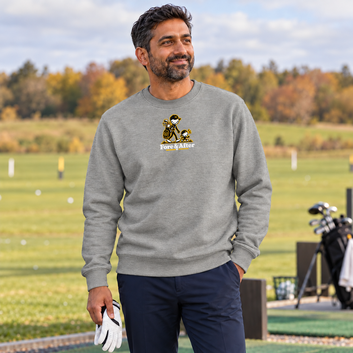 The Fore & After Sweatshirt in carbon grey — front golf lifestyle view