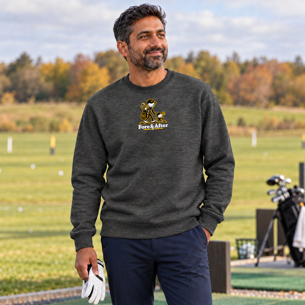 The Fore & After Sweatshirt in charcoal heather — front golf lifestyle view