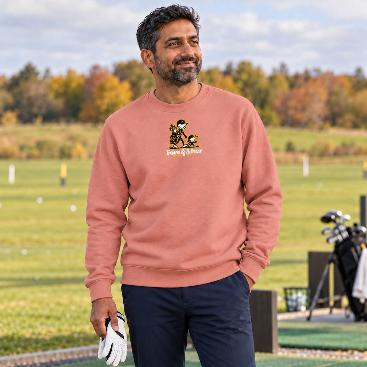 The Fore & After Sweatshirt in dusty rose — front golf lifestyle view