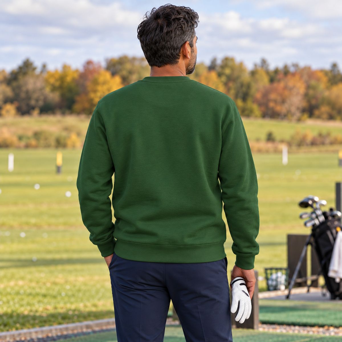 Fore & After sweatshirt in forest green — back golf lifestyle view