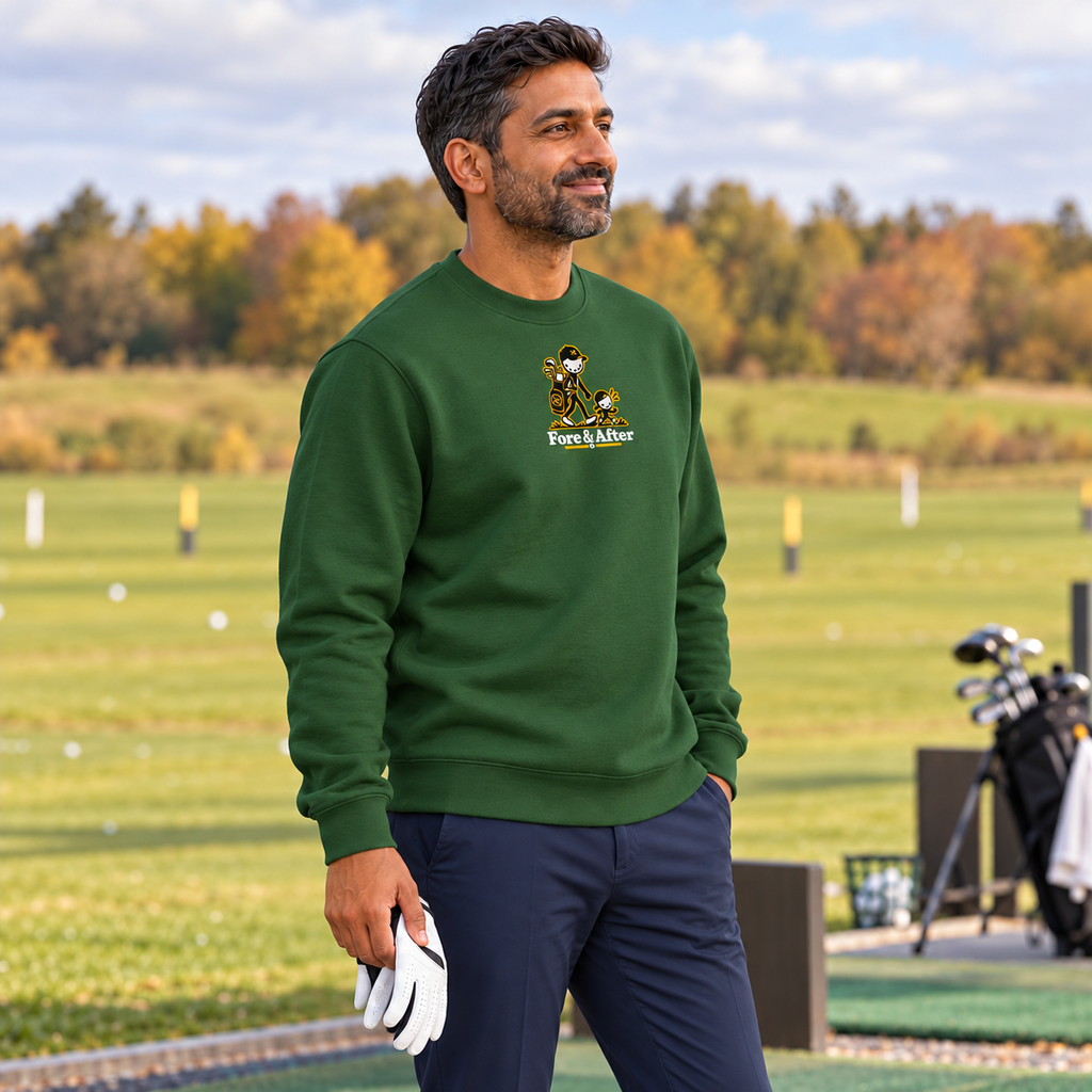 Fore & After sweatshirt in forest green — side golf lifestyle view