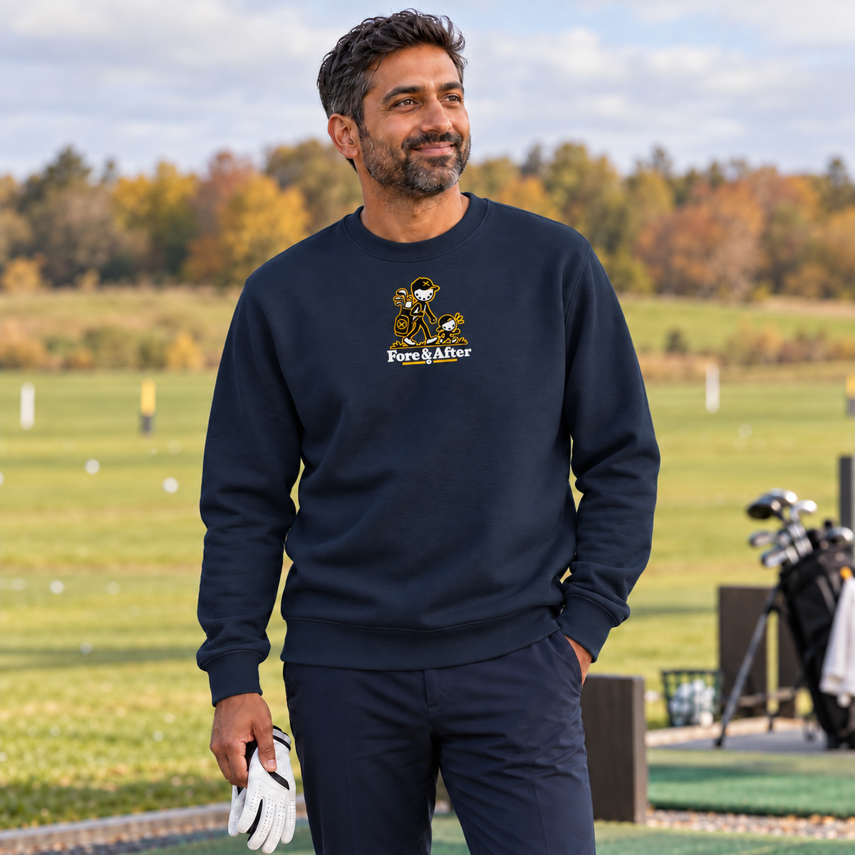 The Fore & After Sweatshirt in navy blazer — front golf lifestyle view