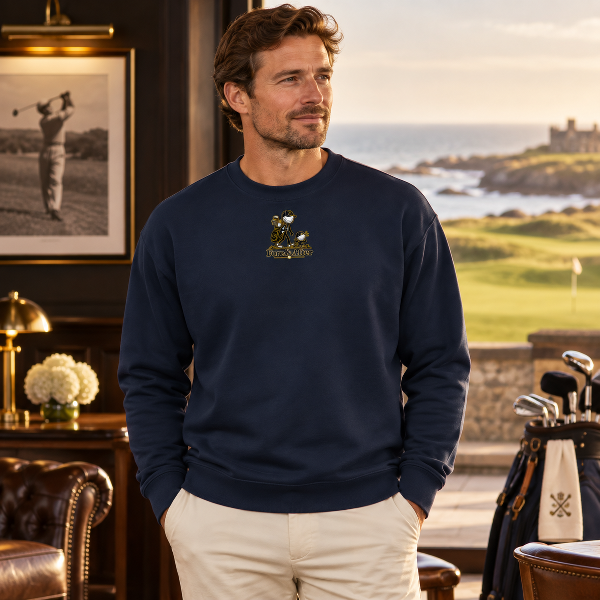 Fore & After sweatshirt in navy blazer — male model at golf clubhouse