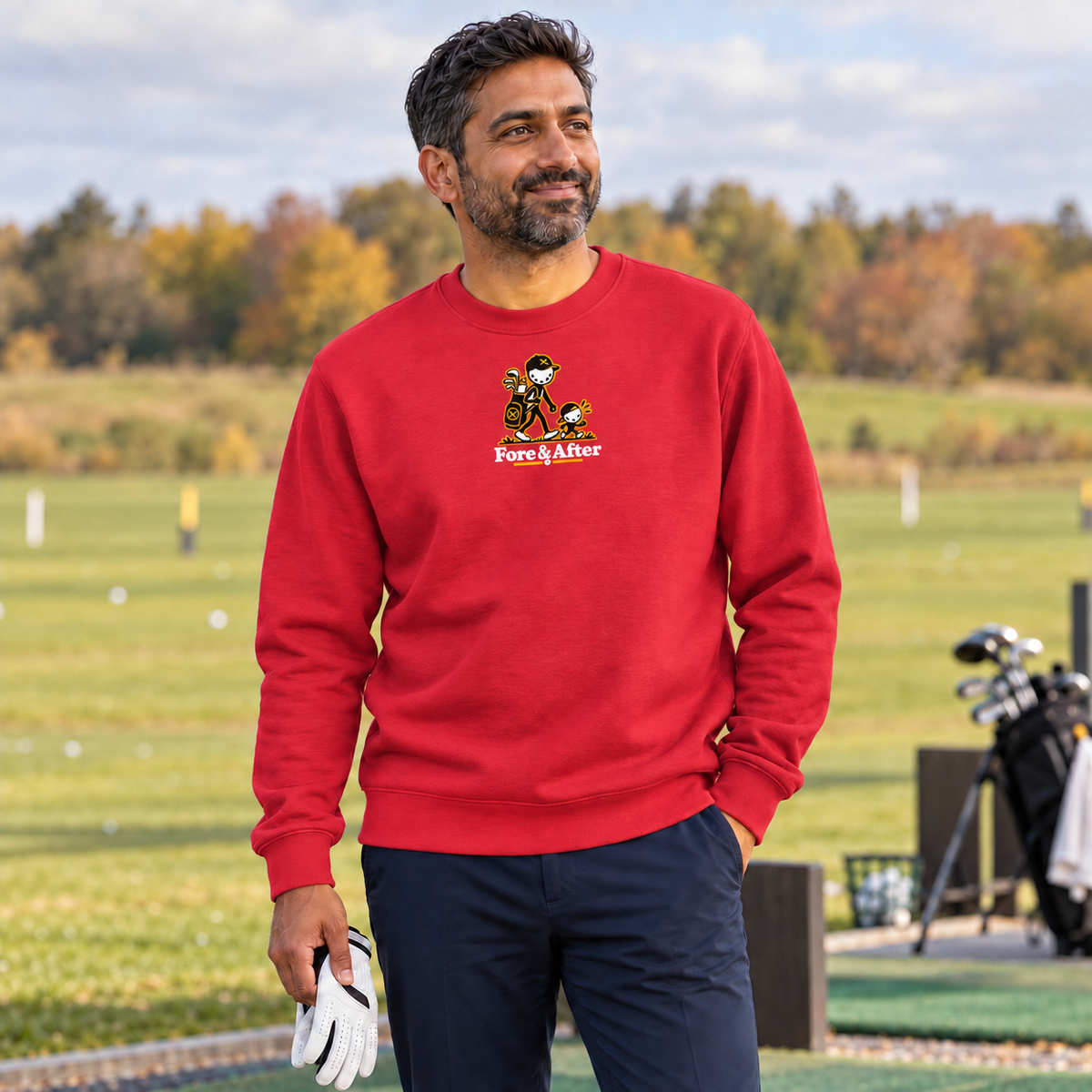 The Fore & After Sweatshirt in team red — front golf lifestyle view