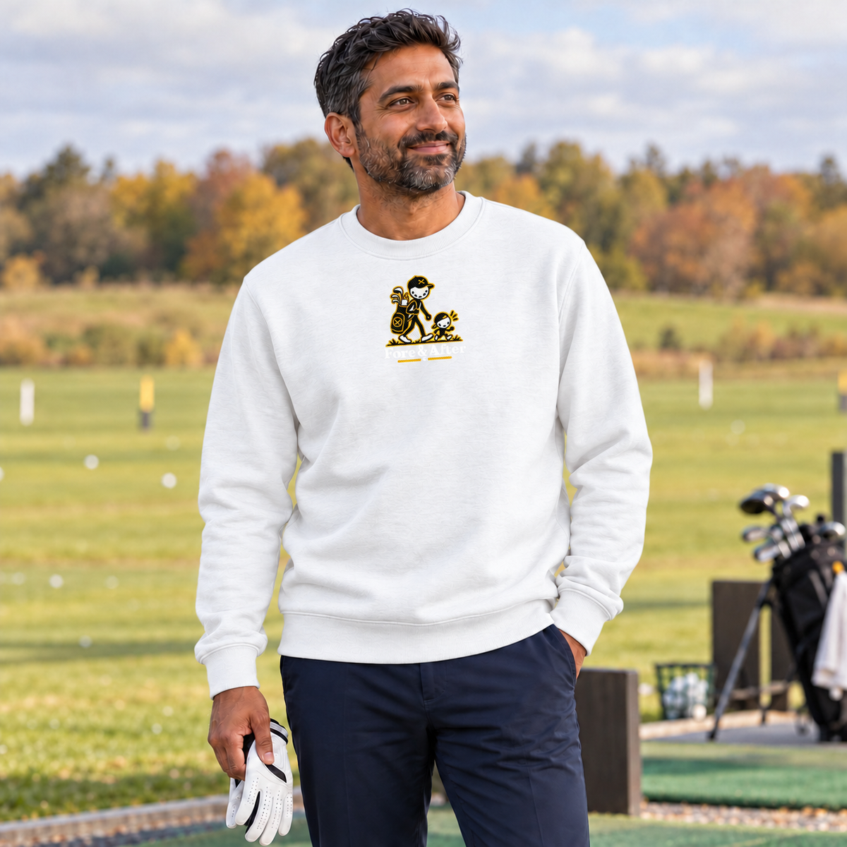 The Fore & After Sweatshirt in white — front golf lifestyle view