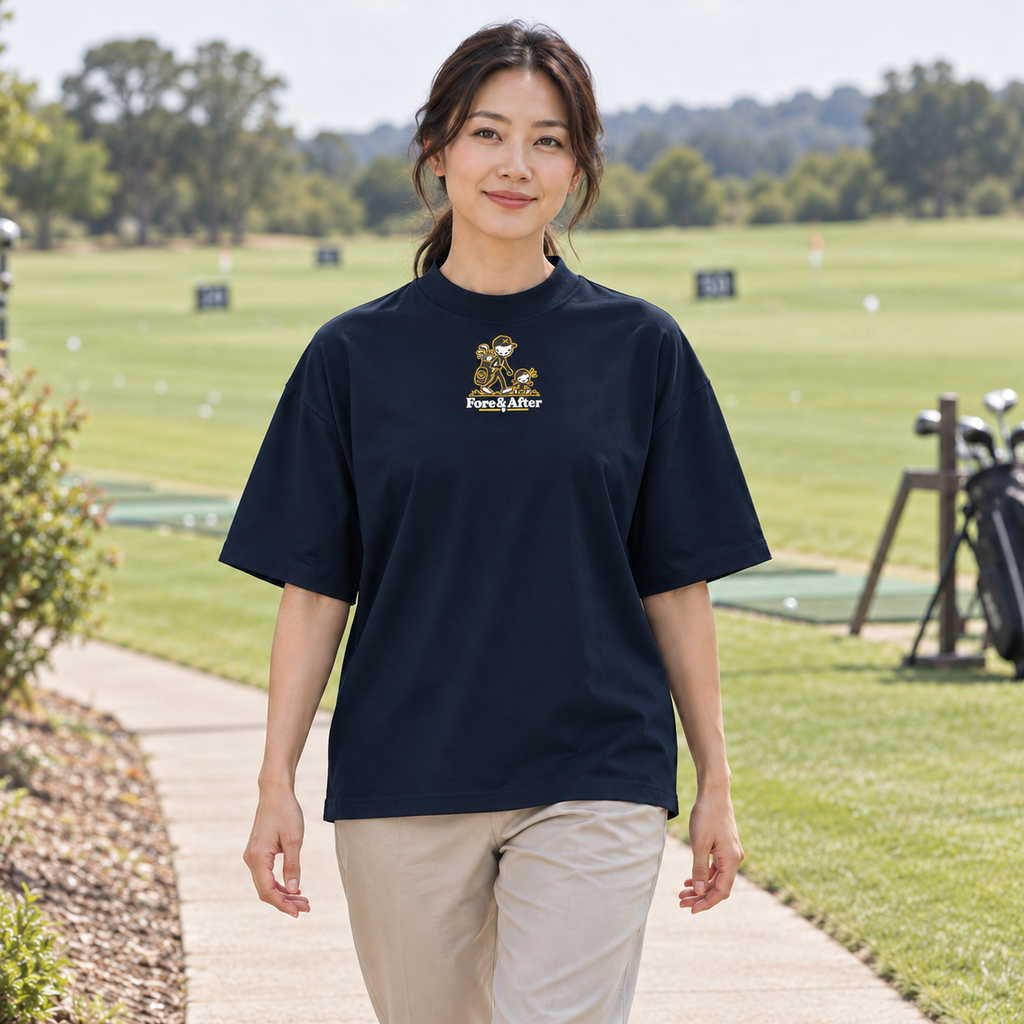 Fore & After tee in french navy — front golf lifestyle view