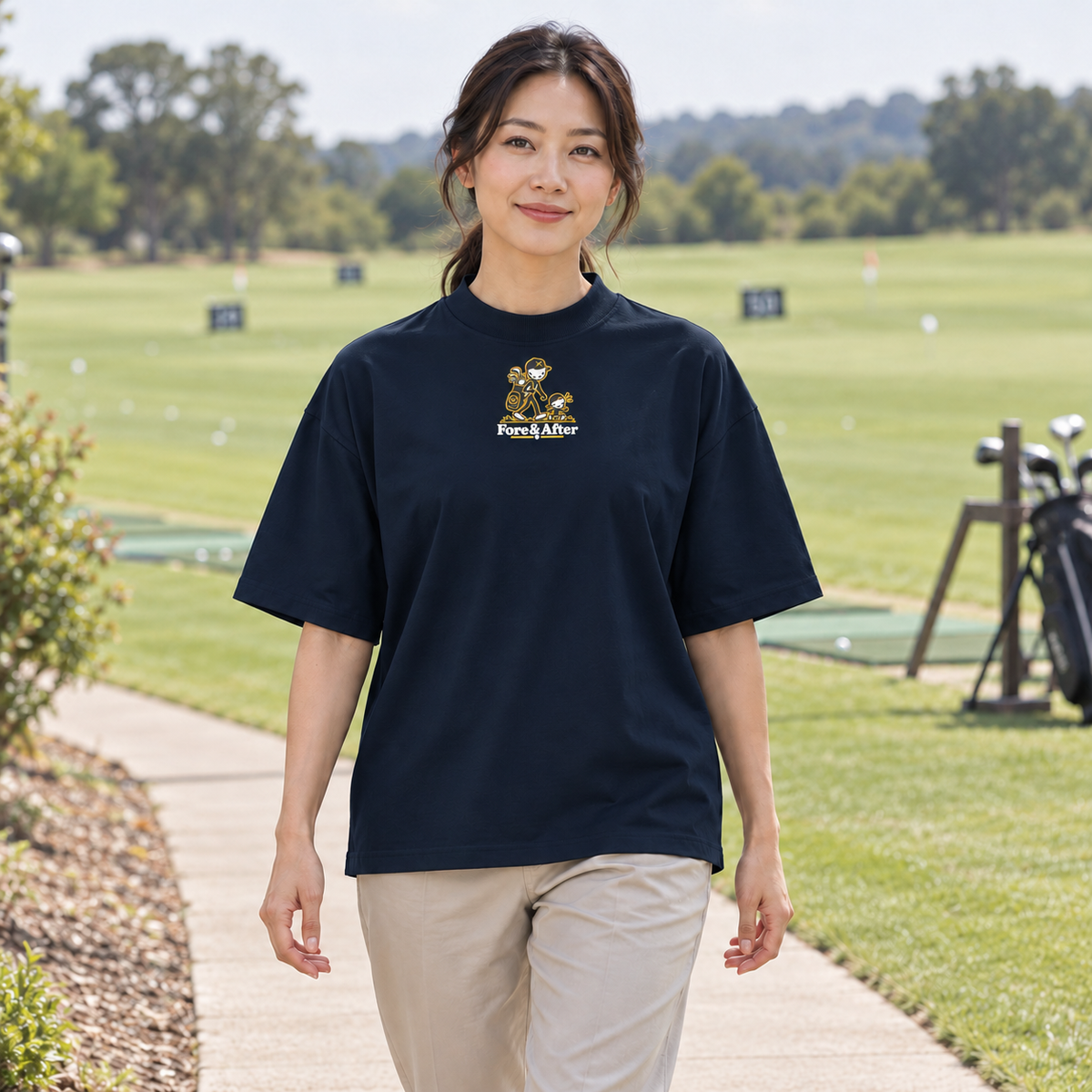 Fore & After tee in french navy — front golf lifestyle view