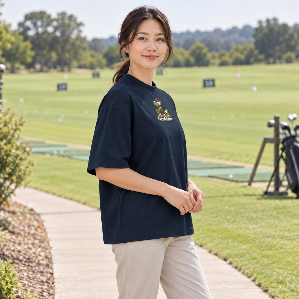 Fore & After tee in french navy — side golf lifestyle view