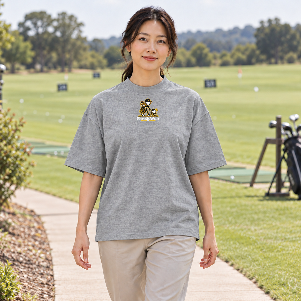 The Fore & After T-Shirt in heather grey — front golf lifestyle view