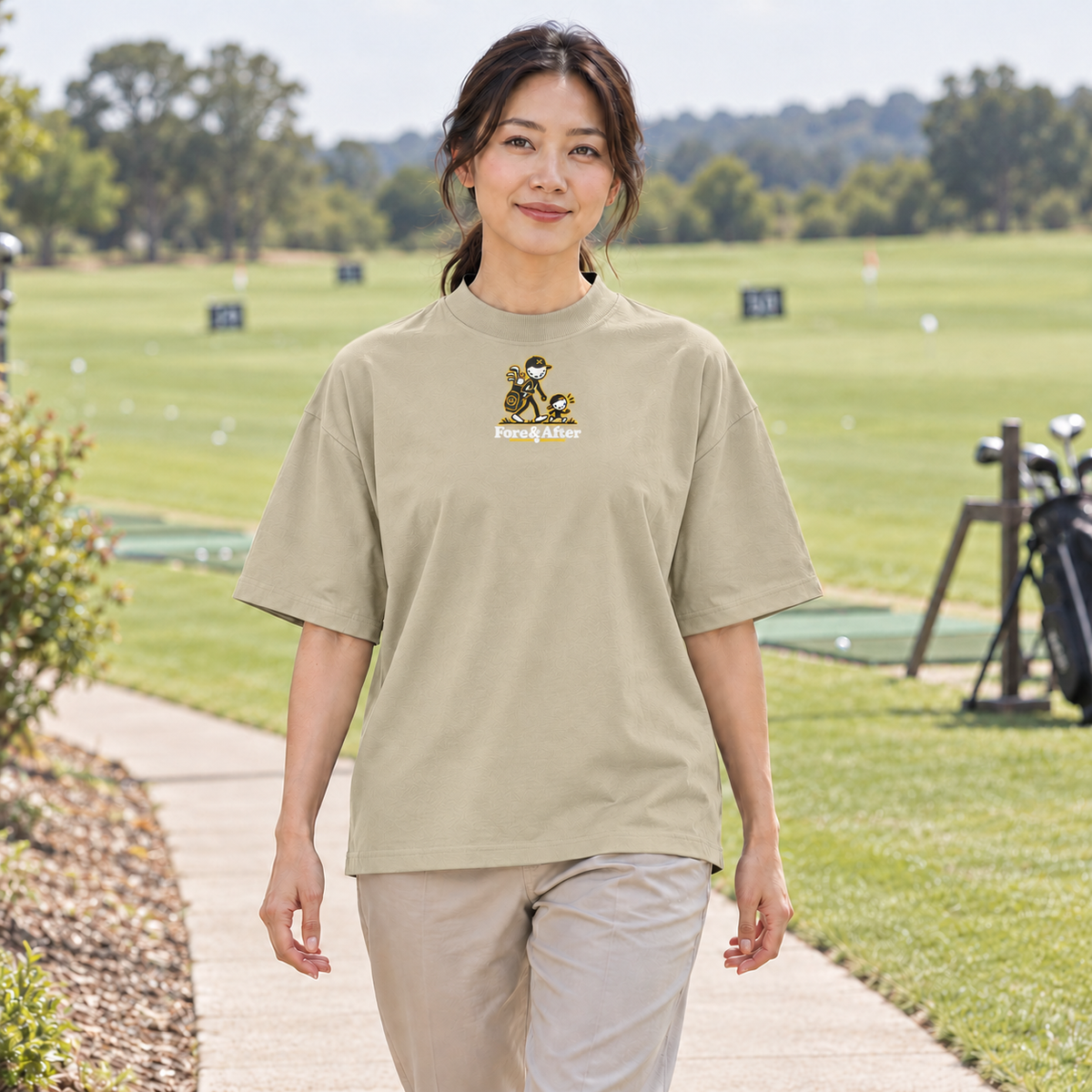 The Fore & After T-Shirt in stone — front golf lifestyle view