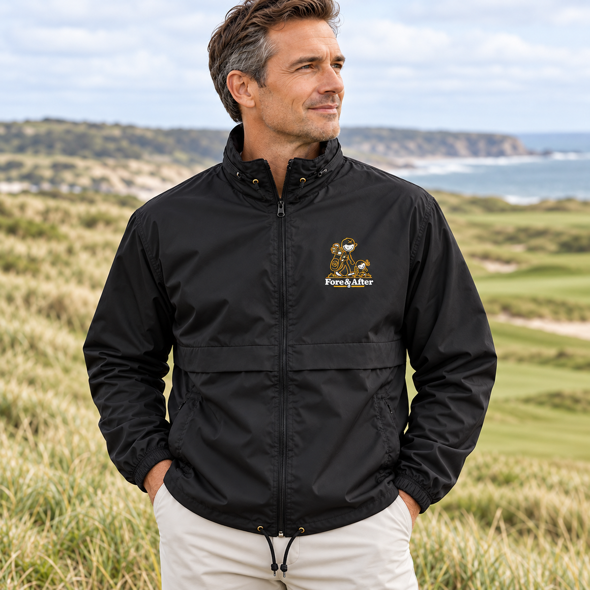Fore & After windbreaker in black — detail golf lifestyle view