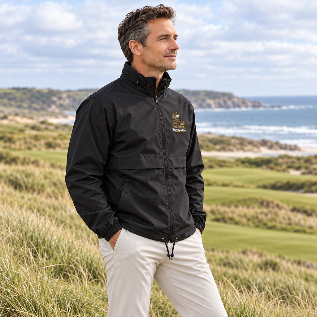 Fore & After windbreaker in black — side golf lifestyle view