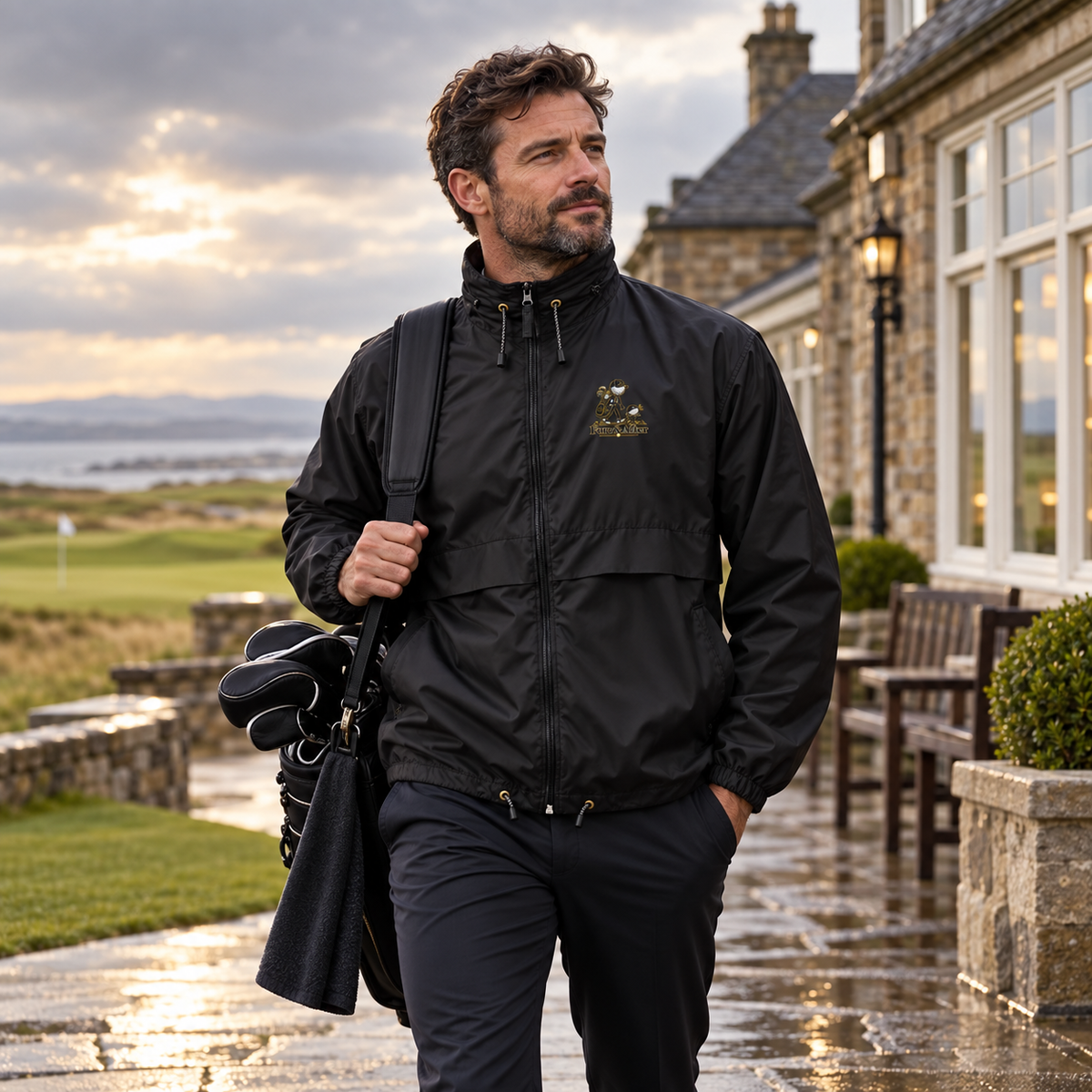 Fore & After windbreaker in black — male model on golf course