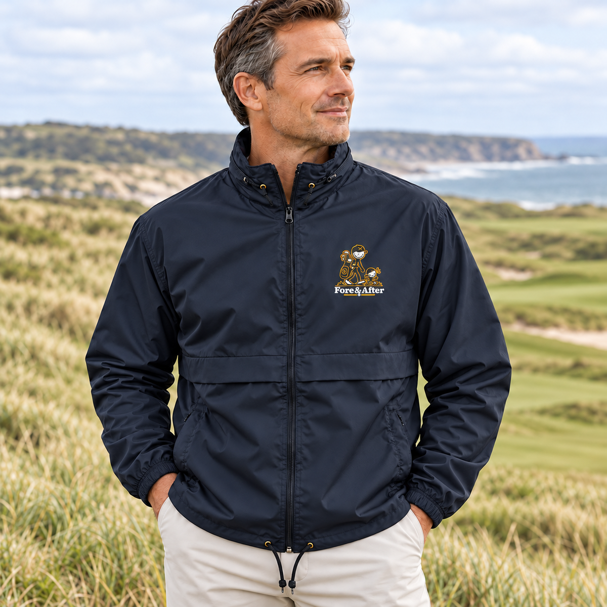 The Fore & After Windbreaker in navy — detail golf lifestyle view