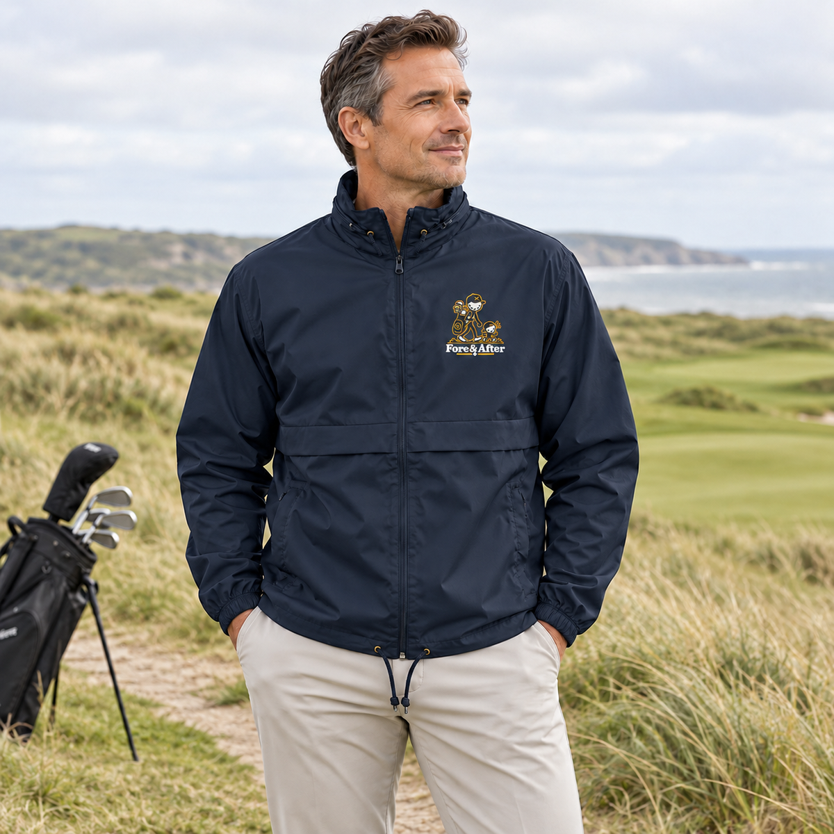The Fore & After Windbreaker in navy — front golf lifestyle view